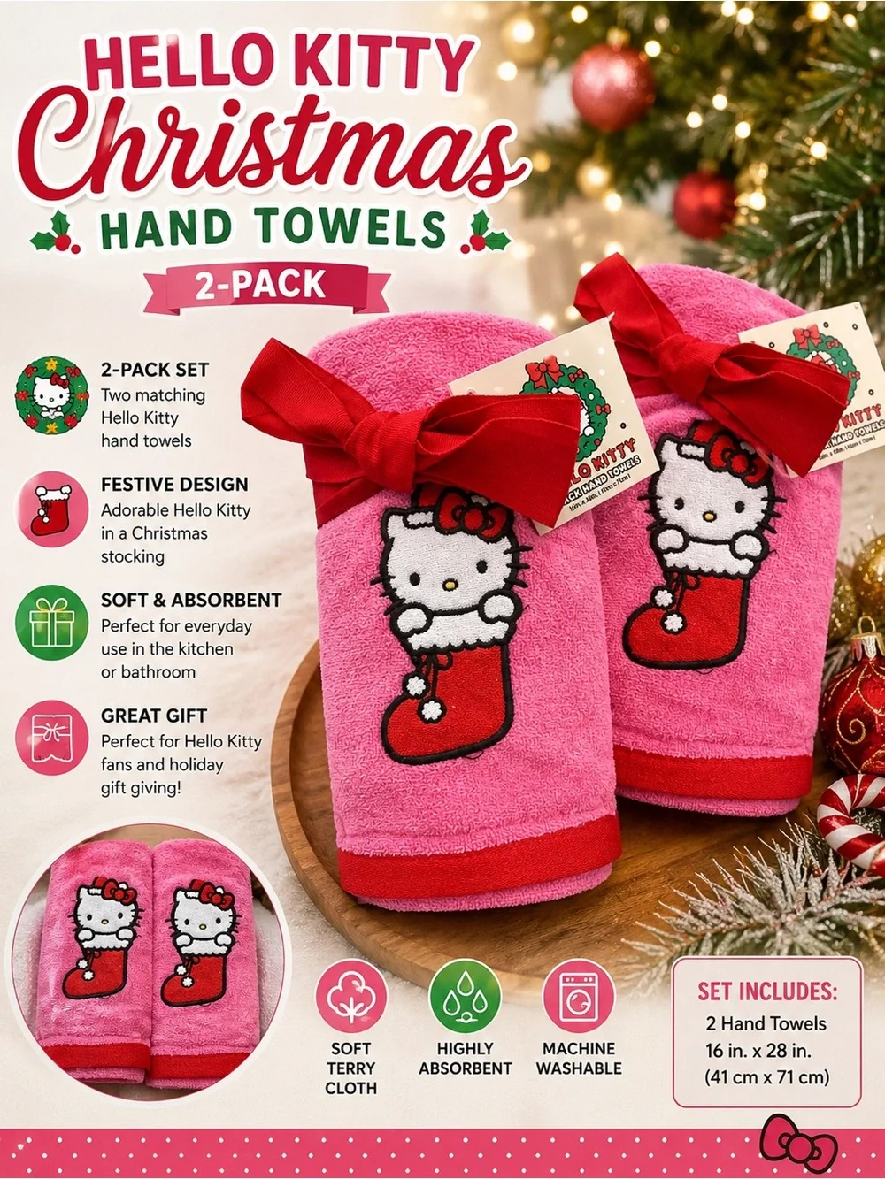 Hello Kitty Pink & Red Holiday Hand Towels - 2 Pack